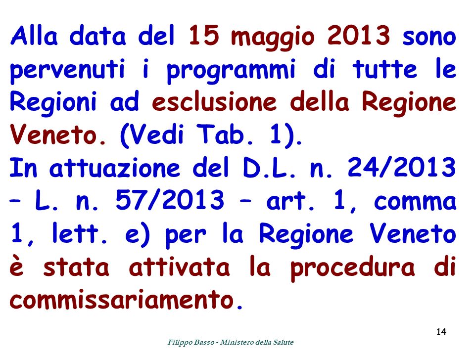 14 Alla data del 15 maggio 2013 sono pervenuti i programmi di tutte le Regioni ad esclusione della Regione Veneto.