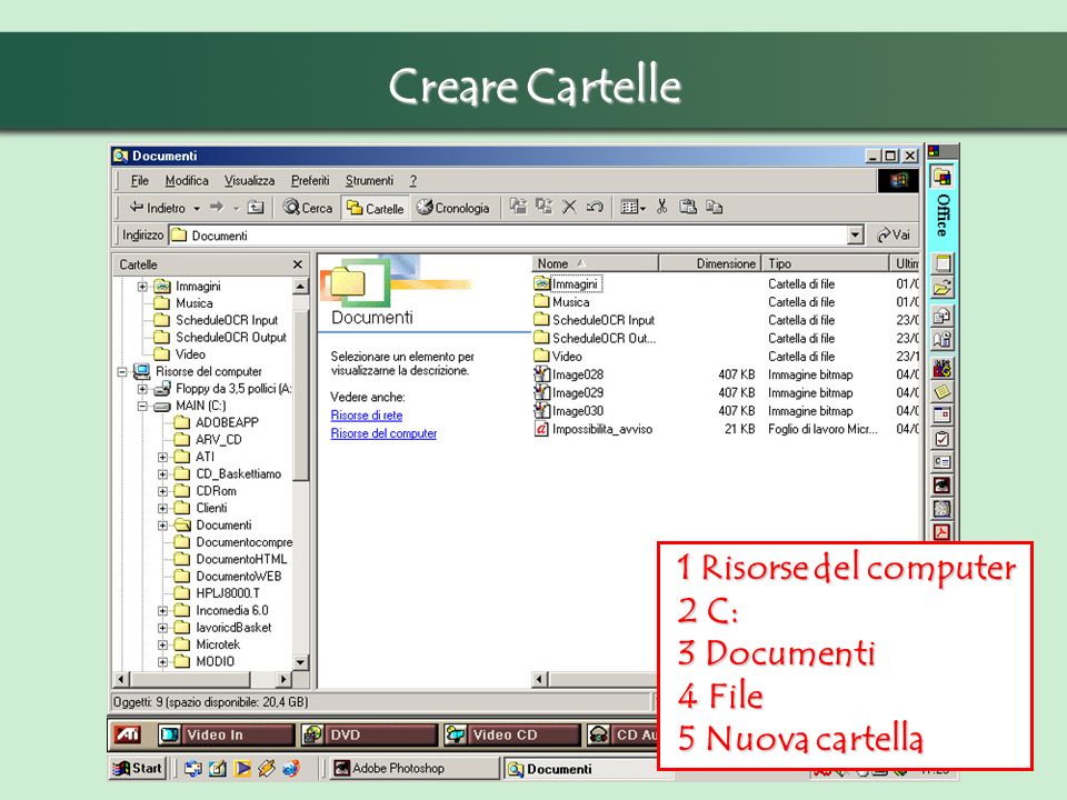 Creare Cartelle 1 Risorse del computer 1 Risorse del computer 2 C: 2 C: 3 Documenti 3 Documenti 4 File 4 File 5 Nuova cartella 5 Nuova cartella