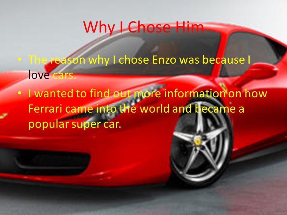 Why I Chose Him The reason why I chose Enzo was because I love cars.