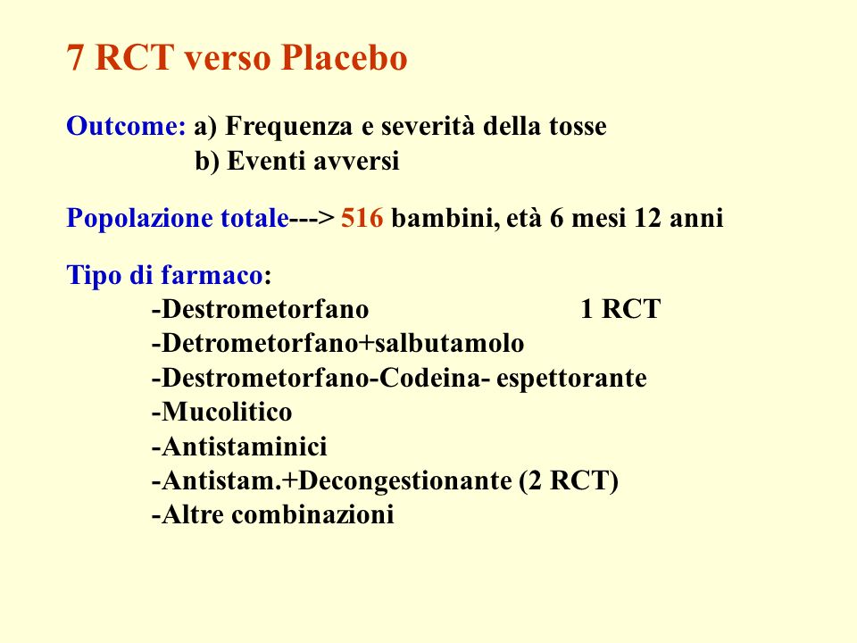 7 RCT verso Placebo Outcome: a) Frequenza e severità della tosse b) Eventi avversi Popolazione totale---> 516 bambini, età 6 mesi 12 anni Tipo di farmaco: -Destrometorfano 1 RCT -Detrometorfano+salbutamolo -Destrometorfano-Codeina- espettorante -Mucolitico -Antistaminici -Antistam.+Decongestionante (2 RCT) -Altre combinazioni