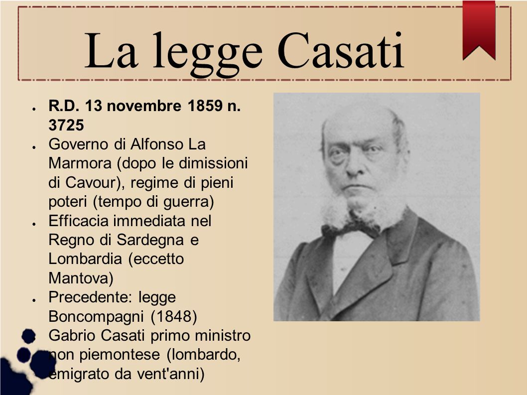 La legge Casati ● R.D. 13 novembre 1859 n.