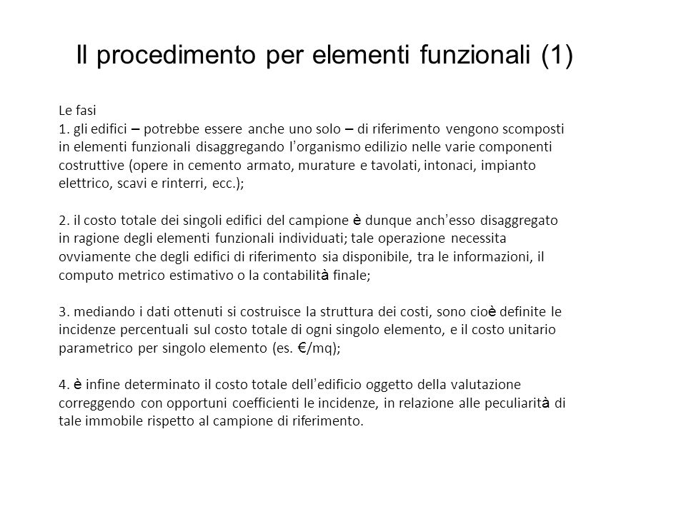 Corso di economia ed estimo civile università degli studi di napoli ... Costo impianto elettrico al mq