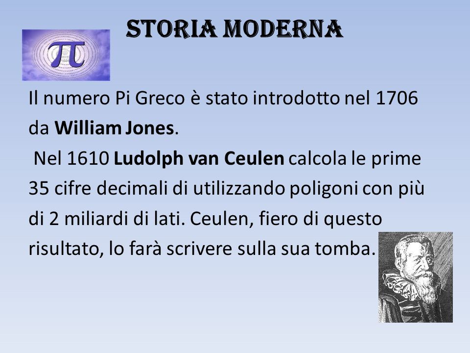 Storia Moderna Il numero Pi Greco è stato introdotto nel 1706 da William Jones.