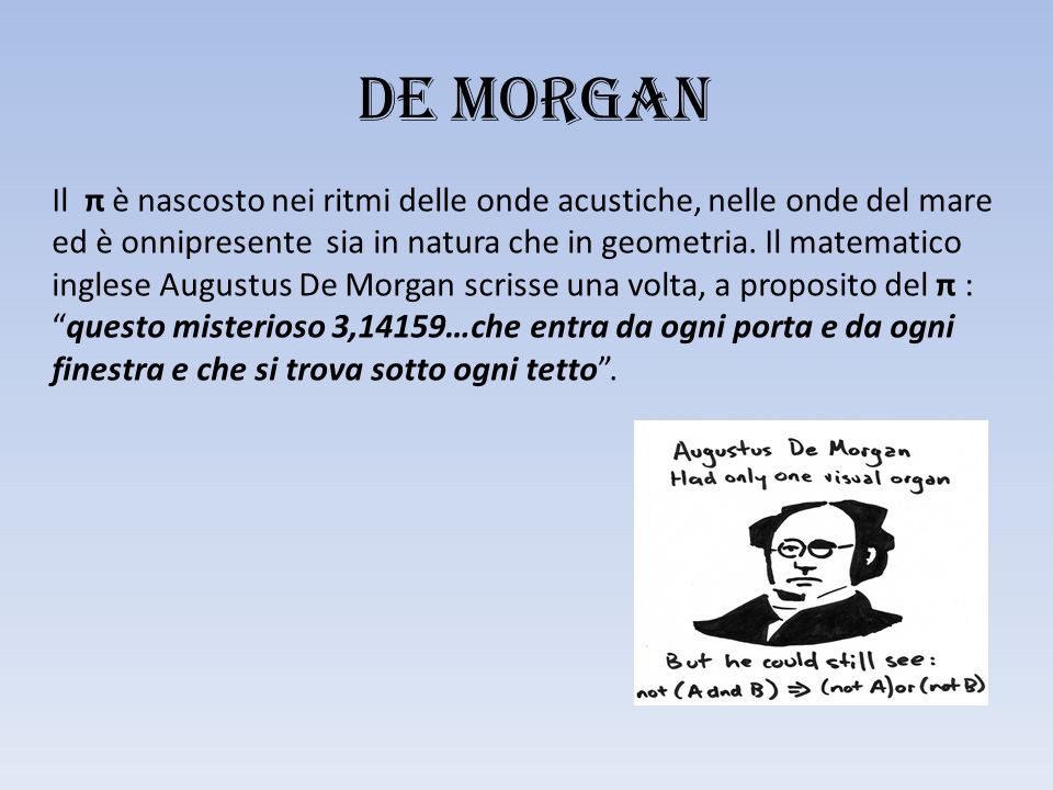 De Morgan Il π è nascosto nei ritmi delle onde acustiche, nelle onde del mare ed è onnipresente sia in natura che in geometria.