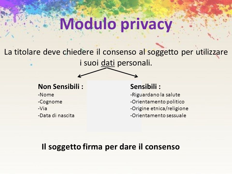 Modulo privacy La titolare deve chiedere il consenso al soggetto per utilizzare i suoi dati personali.