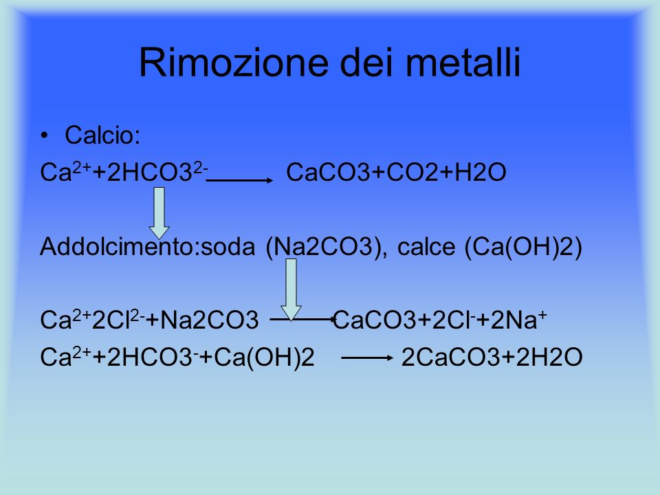 Ca 2+ +2HCO3 2- CaCO3+CO2+H2O Addolcimento:soda (Na2CO3), calce (Ca(OH)2) C...