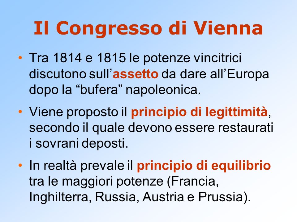Il Congresso di Vienna Tra 1814 e 1815 le potenze vincitrici discutono sull’assetto da dare all’Europa dopo la bufera napoleonica.
