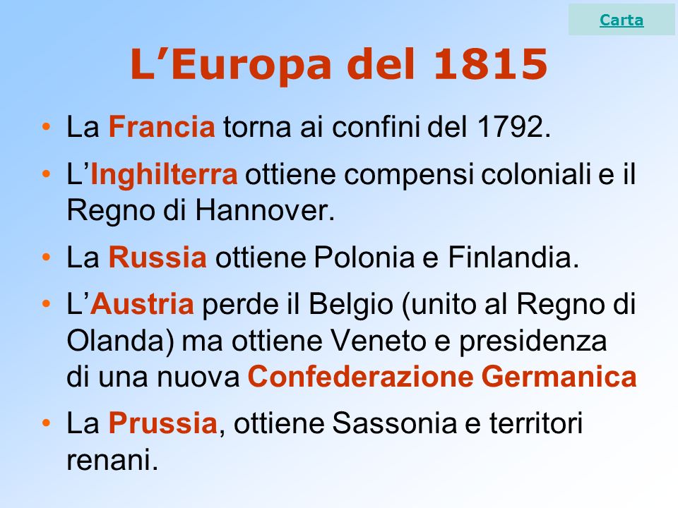 L’Europa del 1815 La Francia torna ai confini del 1792.