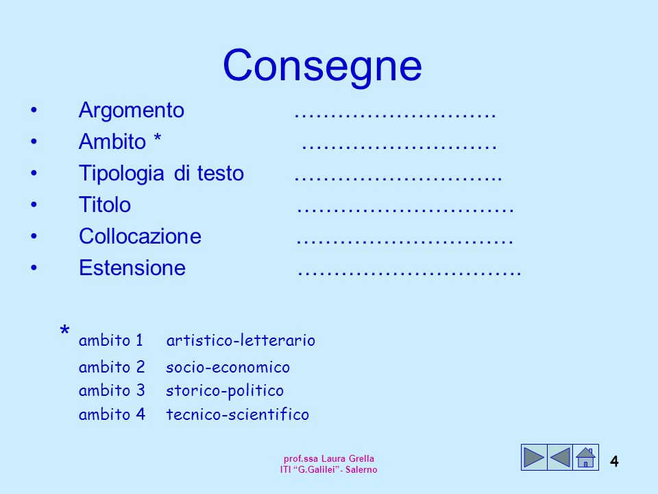 prof.ssa Laura Grella ITI G.Galilei - Salerno 4 Consegne Argomento ……………………….