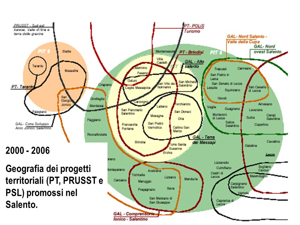 Geografia dei progetti territoriali (PT, PRUSST e PSL) promossi nel Salento.