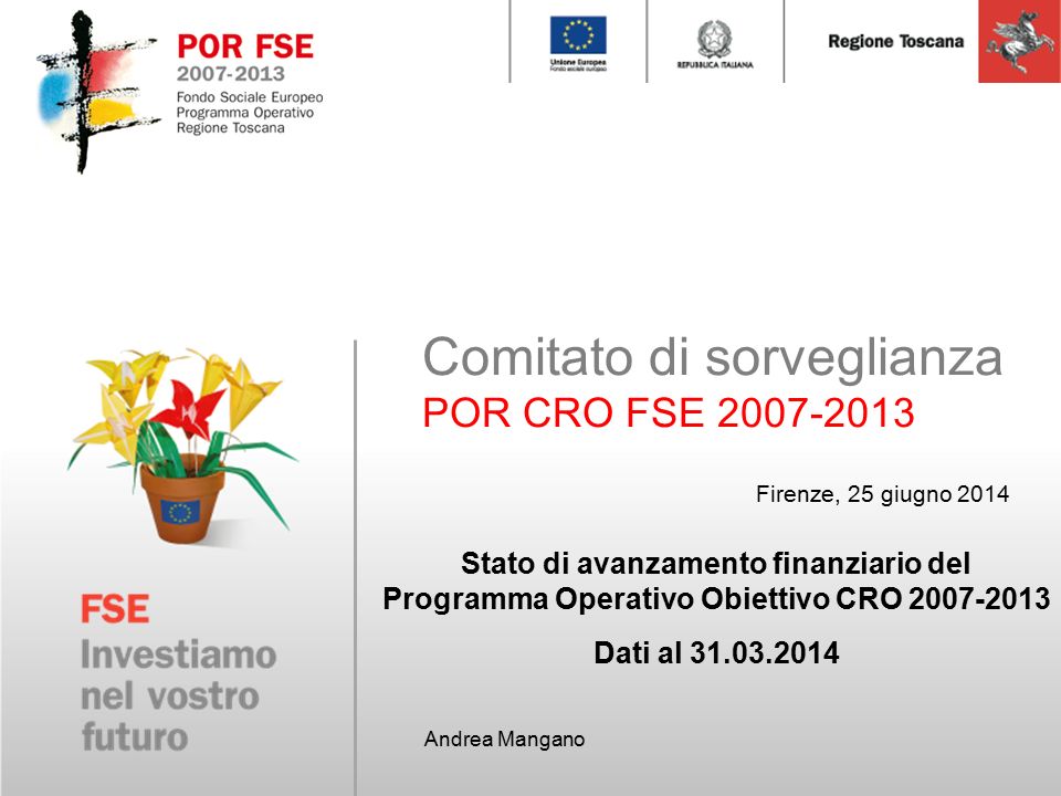 Comitato di sorveglianza POR CRO FSE Firenze, 25 giugno 2014 Andrea Mangano Stato di avanzamento finanziario del Programma Operativo Obiettivo CRO Dati al