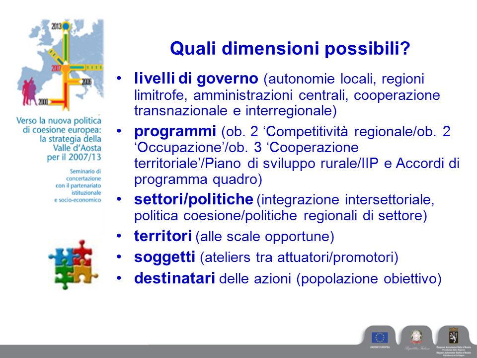 livelli di governo (autonomie locali, regioni limitrofe, amministrazioni centrali, cooperazione transnazionale e interregionale) programmi (ob.