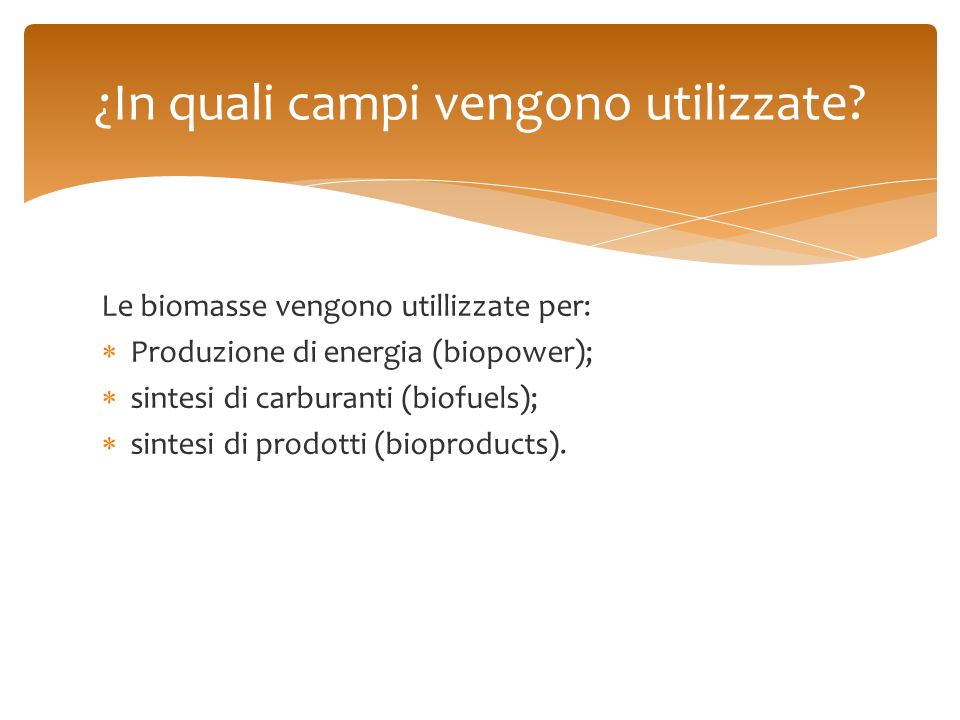 Le biomasse vengono utillizzate per:  Produzione di energia (biopower);  sintesi di carburanti (biofuels);  sintesi di prodotti (bioproducts).