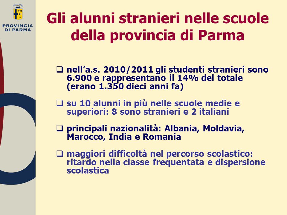 Gli alunni stranieri nelle scuole della provincia di Parma  nell’a.s.
