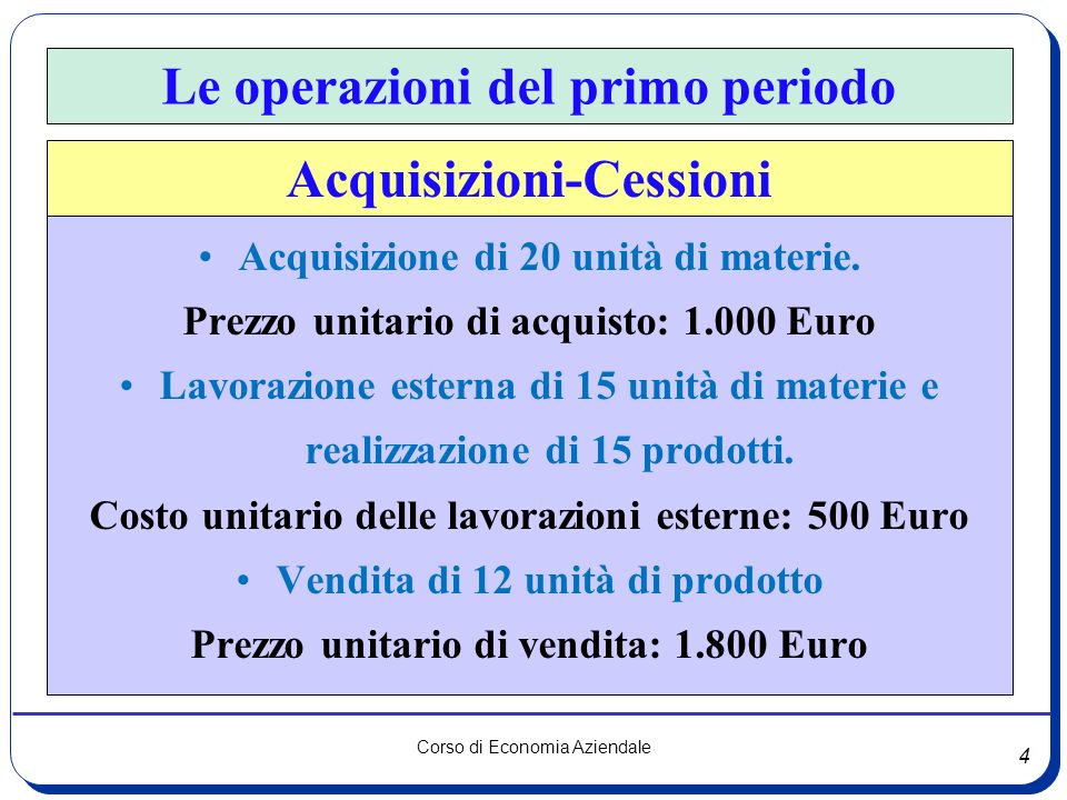 4 Corso di Economia Aziendale Acquisizioni-Cessioni Acquisizione di 20 unità di materie.