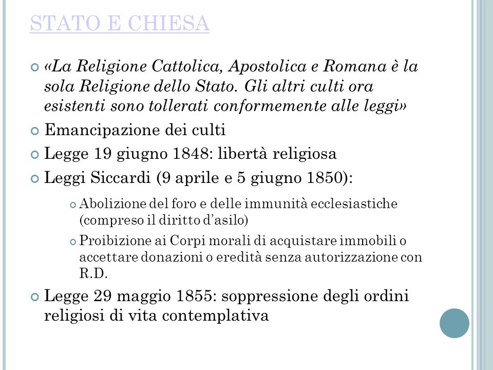 STATO E CHIESA «La Religione Cattolica, Apostolica e Romana è la sola Religione dello Stato.
