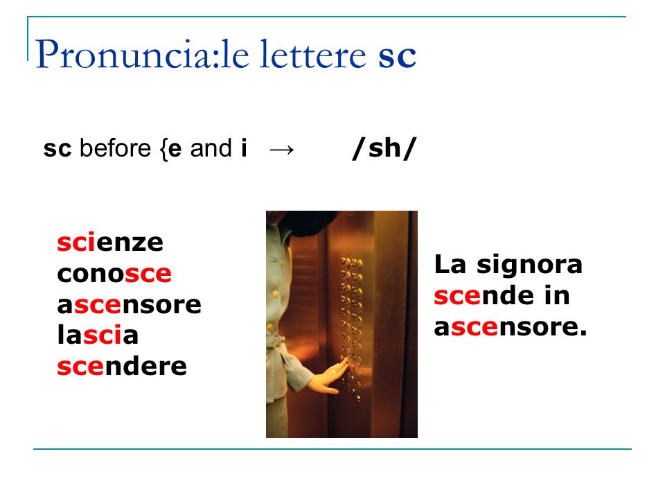 Pronuncia:le lettere sc sc before {e and i → /sh/ scienze conosce ascensore lascia scendere La signora scende in ascensore.
