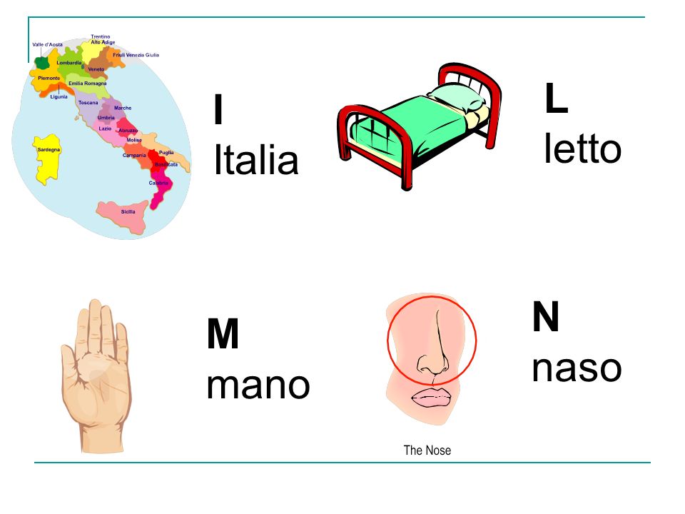 I Italia L letto M mano N naso