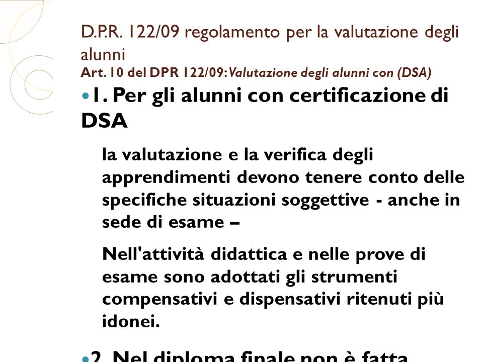 D.P.R. 122/09 regolamento per la valutazione degli alunni Art.
