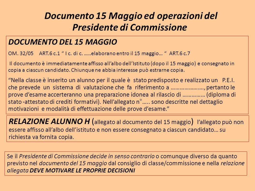 Documento 15 Maggio ed operazioni del Presidente di Commissione DOCUMENTO DEL 15 MAGGIO OM.