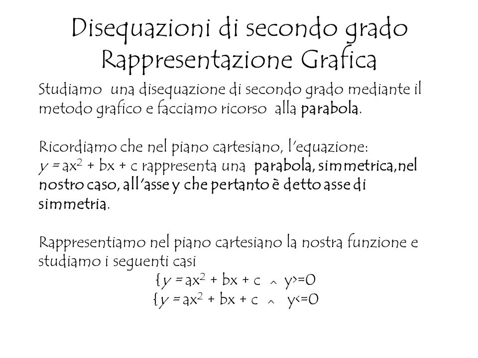 Disequazioni di secondo grado Rappresentazione Grafica Studiamo una disequazione di secondo grado mediante il metodo grafico e facciamo ricorso alla parabola.