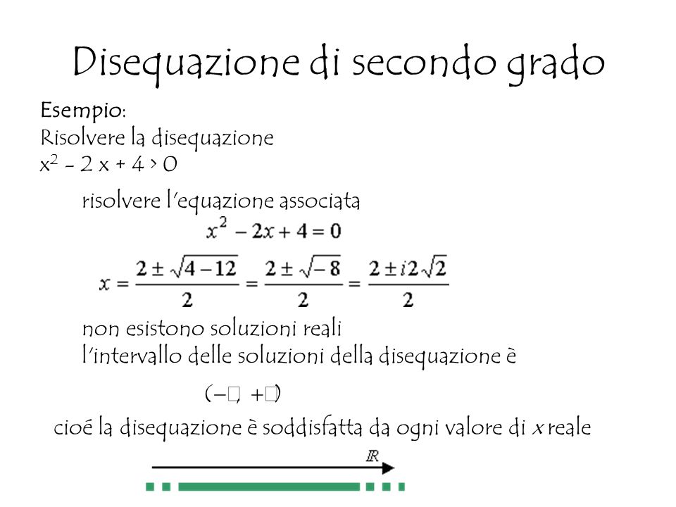 Disequazione di secondo grado Esempio: Risolvere la disequazione x x + 4 > 0 risolvere l equazione associata non esistono soluzioni reali l intervallo delle soluzioni della disequazione è ( ,  ) cioé la disequazione è soddisfatta da ogni valore di x reale