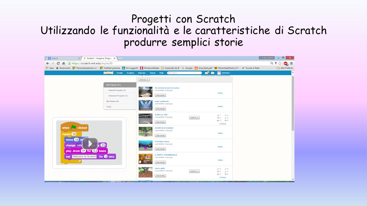 Progetti con Scratch Utilizzando le funzionalità e le caratteristiche di Scratch produrre semplici storie
