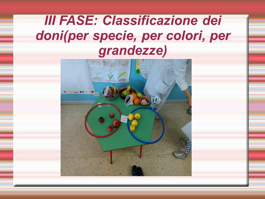 III FASE: Classificazione dei doni(per specie, per colori, per grandezze)