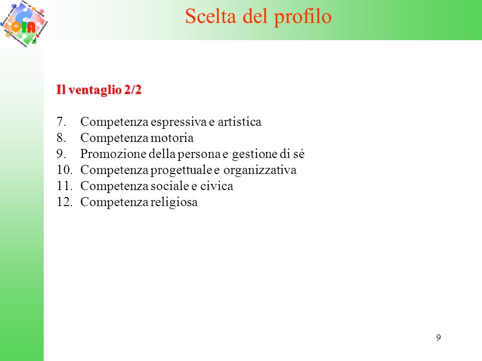 9 Scelta del profilo Il ventaglio 2/ Competenza espressiva e artistica 8.
