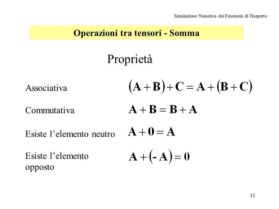 11 Simulazione Numerica dei Fenomeni di Trasporto Operazioni tra tensori - Somma Proprietà Associativa Commutativa Esiste l’elemento neutro Esiste l’elemento opposto