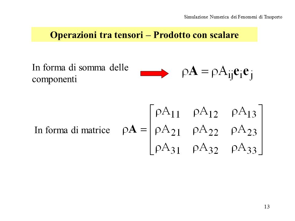 13 Simulazione Numerica dei Fenomeni di Trasporto Operazioni tra tensori – Prodotto con scalare In forma di somma delle componenti In forma di matrice