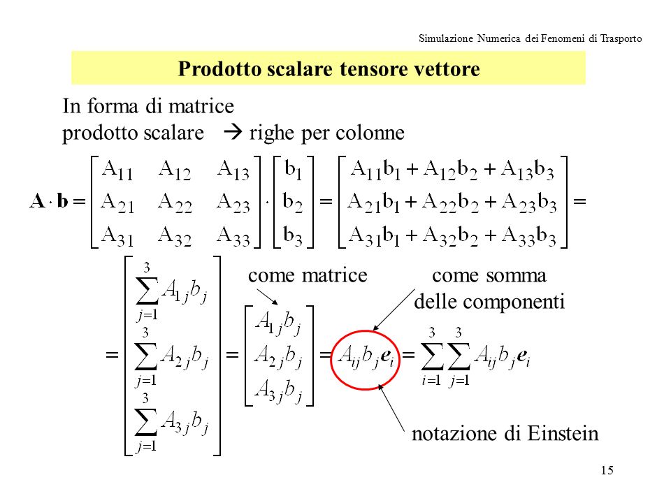 15 Simulazione Numerica dei Fenomeni di Trasporto Prodotto scalare tensore vettore In forma di matrice prodotto scalare  righe per colonne notazione di Einstein come matricecome somma delle componenti