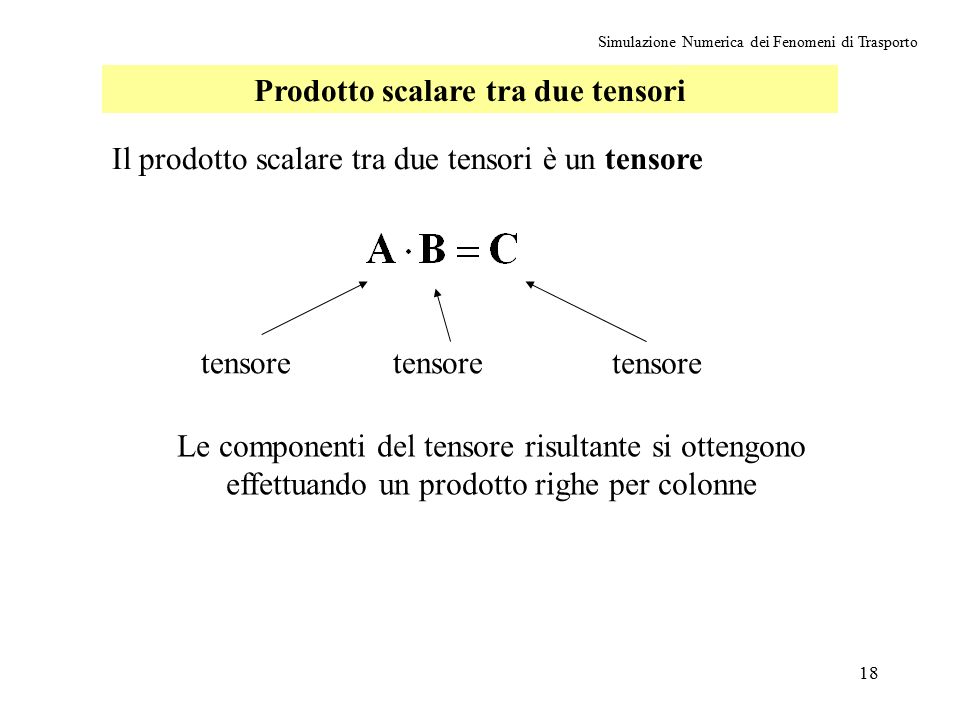 18 Simulazione Numerica dei Fenomeni di Trasporto Prodotto scalare tra due tensori Il prodotto scalare tra due tensori è un tensore tensore Le componenti del tensore risultante si ottengono effettuando un prodotto righe per colonne