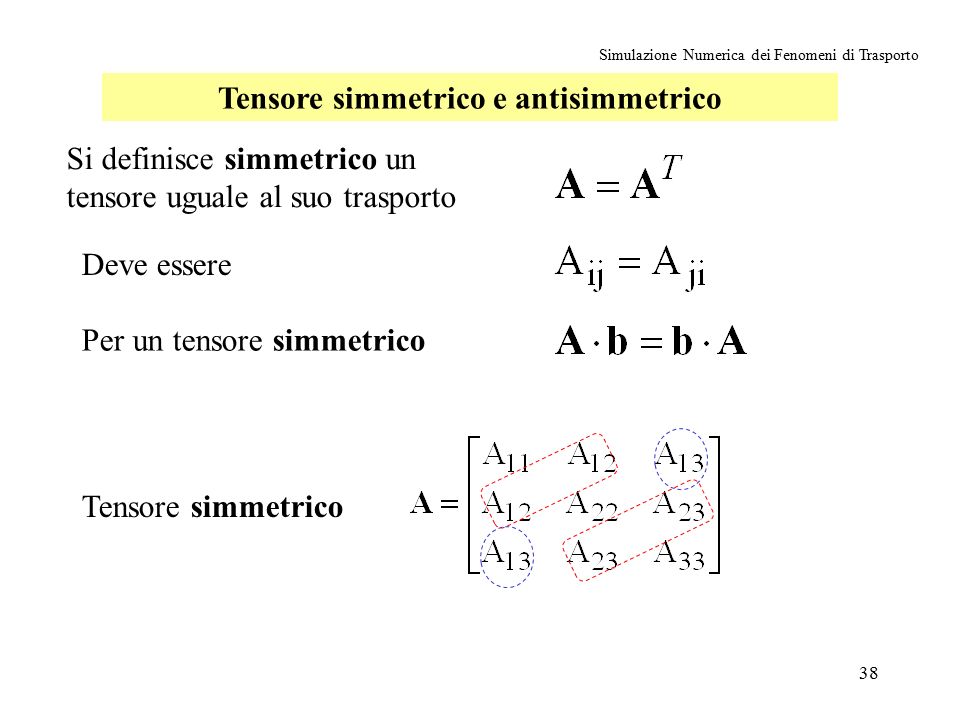38 Simulazione Numerica dei Fenomeni di Trasporto Tensore simmetrico e antisimmetrico Si definisce simmetrico un tensore uguale al suo trasporto Deve essere Per un tensore simmetrico Tensore simmetrico