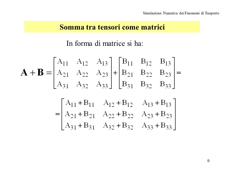 9 Simulazione Numerica dei Fenomeni di Trasporto Somma tra tensori come matrici In forma di matrice si ha: