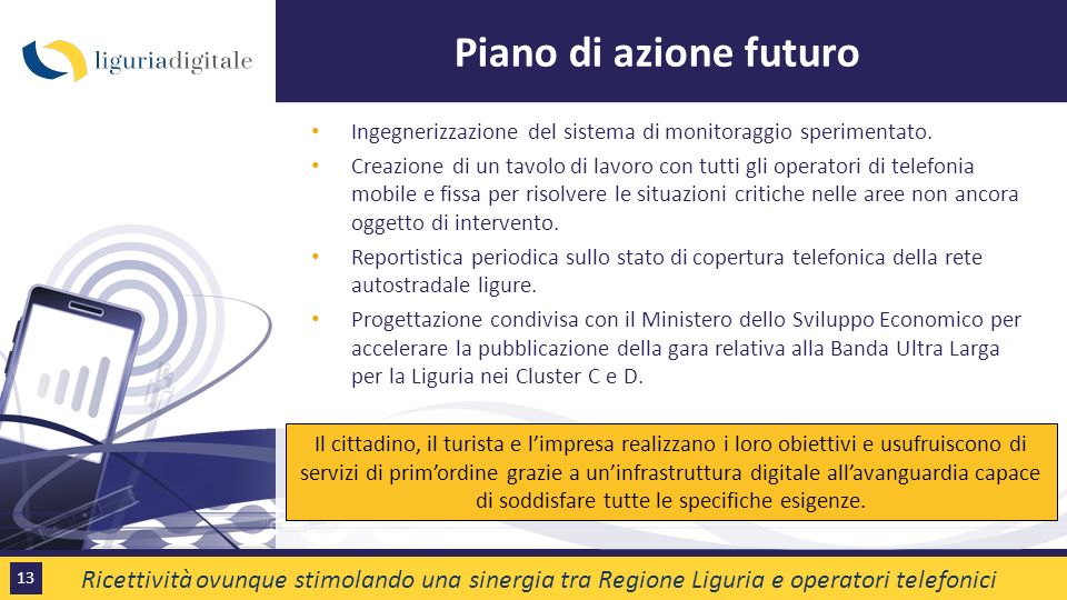 13 Piano di azione futuro Ricettività ovunque stimolando una sinergia tra Regione Liguria e operatori telefonici Ingegnerizzazione del sistema di monitoraggio sperimentato.
