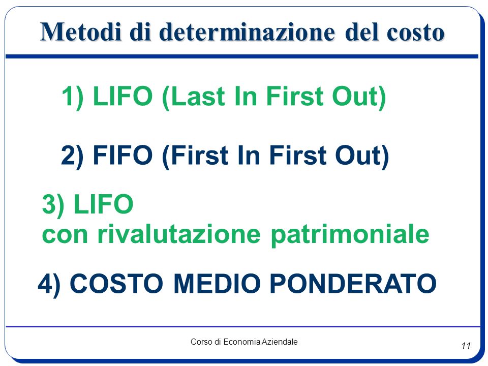 11 Corso di Economia Aziendale Metodi di determinazione del costo 3) LIFO con rivalutazione patrimoniale 2) FIFO (First In First Out) 1) LIFO (Last In First Out) 4) COSTO MEDIO PONDERATO