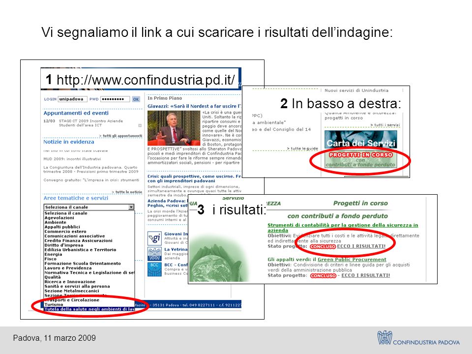 Padova, 11 marzo 2009 Vi segnaliamo illinka cui scaricare i risultati dell’indagine: In basso a destra: 3 I risultati 3 i risultati: