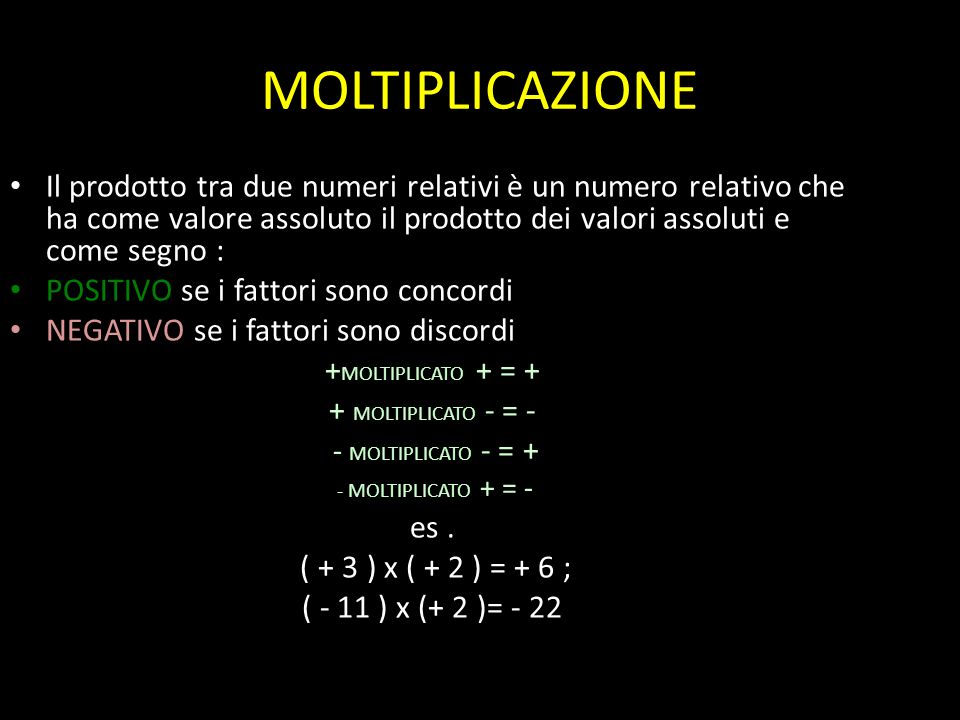 MOLTIPLICAZIONE Il prodotto tra due numeri relativi è un numero relativo che ha come valore assoluto il prodotto dei valori assoluti e come segno : POSITIVO se i fattori sono concordi NEGATIVO se i fattori sono discordi + MOLTIPLICATO + = + + MOLTIPLICATO - = - - MOLTIPLICATO - = + - MOLTIPLICATO + = - es.