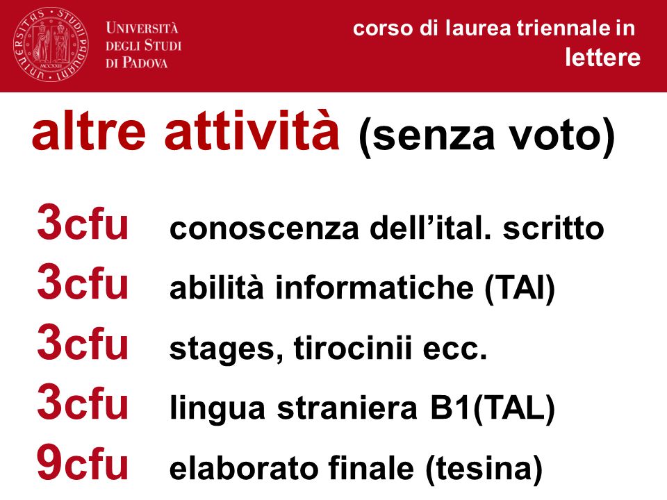 corso di laurea triennale in lettere altre attività (senza voto) 3 cfu conoscenza dell’ital.