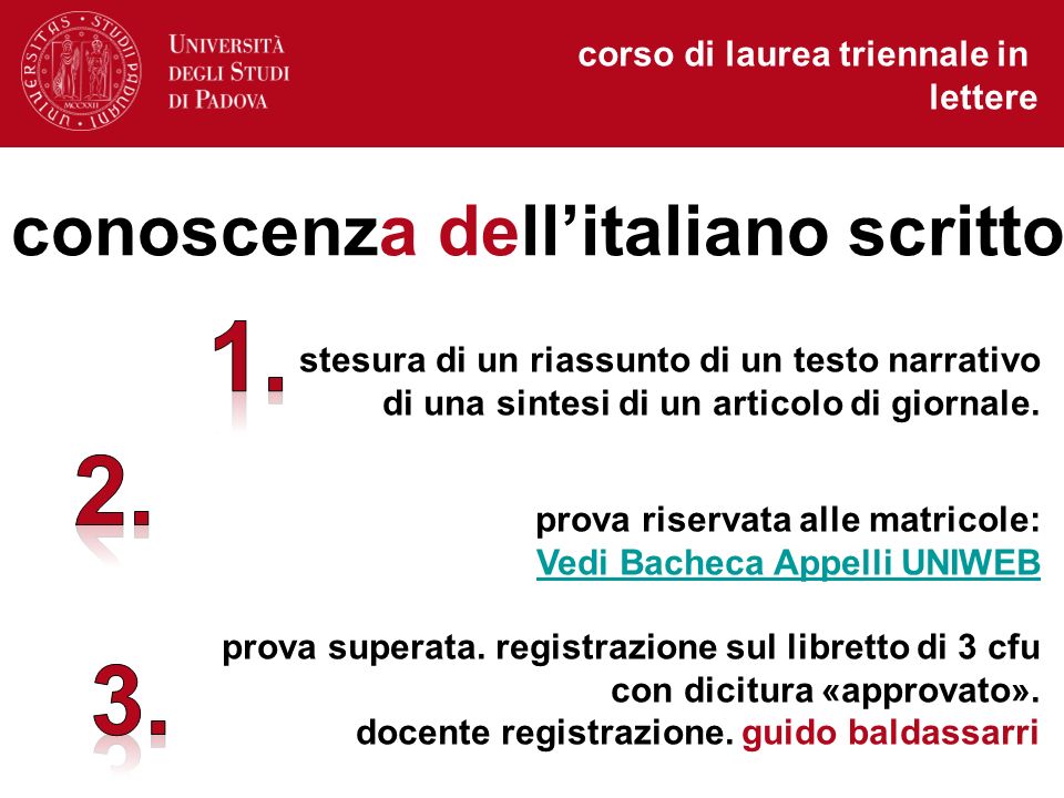corso di laurea triennale in lettere conoscenza dell’italiano scritto stesura di un riassunto di un testo narrativo di una sintesi di un articolo di giornale.