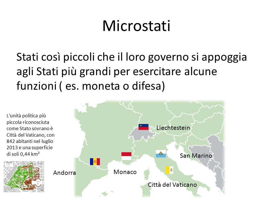 Microstati Stati così piccoli che il loro governo si appoggia agli Stati più grandi per esercitare alcune funzioni ( es.
