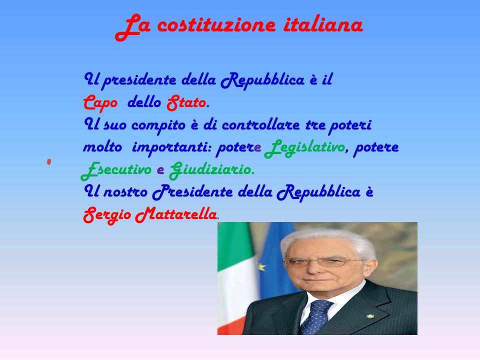 La costituzione italiana Il presidente della Repubblica è il Capo dello Stato.