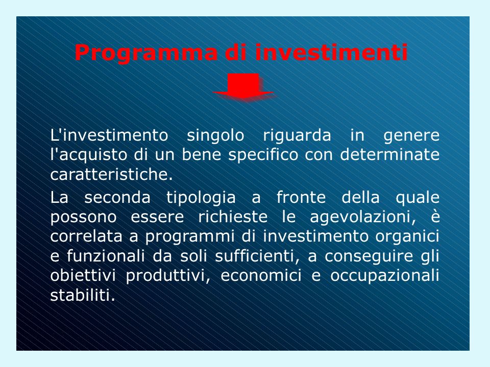 Programma di investimenti L investimento singolo riguarda in genere l acquisto di un bene specifico con determinate caratteristiche.