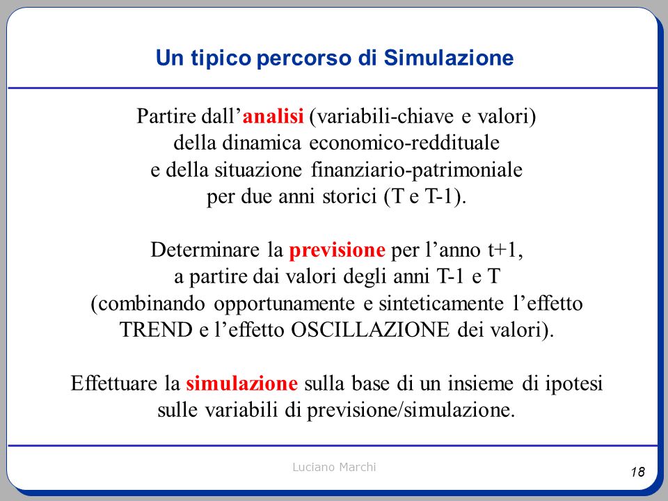 18 Luciano Marchi Un tipico percorso di Simulazione Partire dall’analisi (variabili-chiave e valori) della dinamica economico-reddituale e della situazione finanziario-patrimoniale per due anni storici (T e T-1).