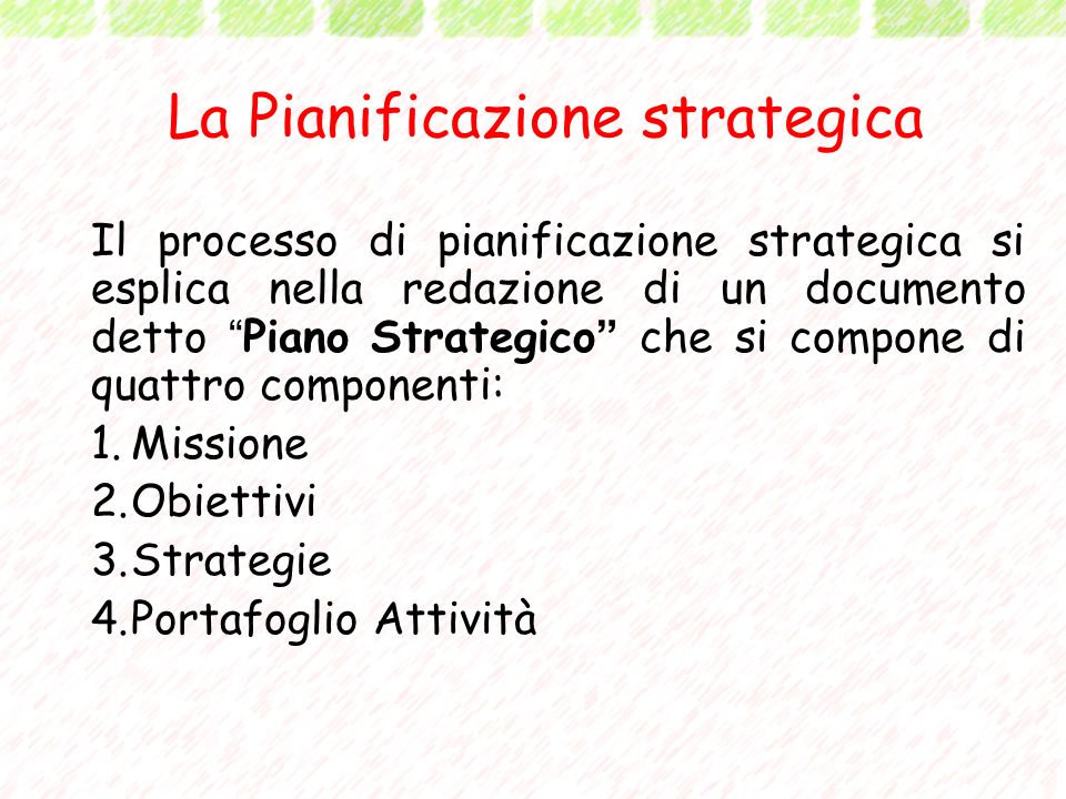 La Pianificazione strategica Il processo di pianificazione strategica si esplica nella redazione di un documento detto Piano Strategico che si compone di quattro componenti: 1.Missione 2.Obiettivi 3.Strategie 4.Portafoglio Attività