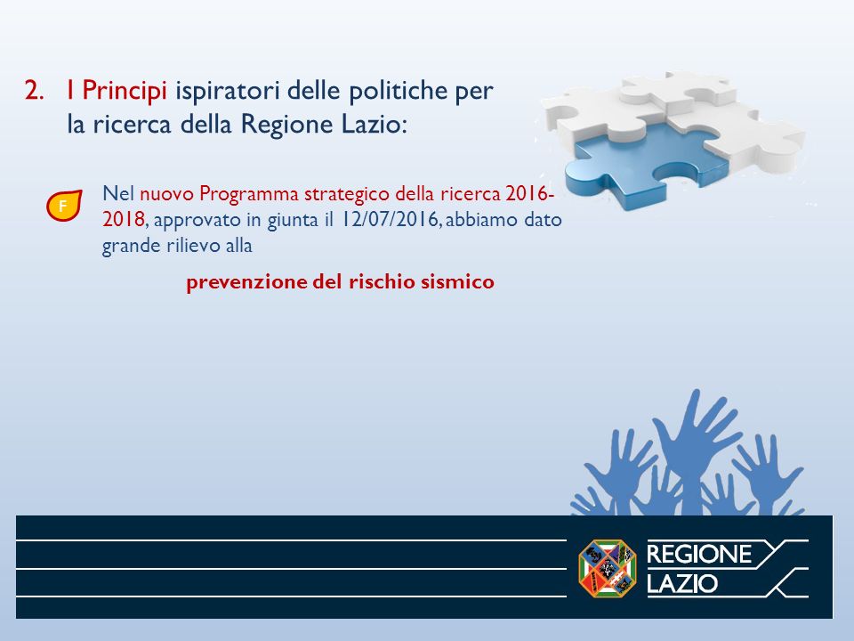 2.I Principi ispiratori delle politiche per la ricerca della Regione Lazio: Nel nuovo Programma strategico della ricerca , approvato in giunta il 12/07/2016, abbiamo dato grande rilievo alla prevenzione del rischio sismico F