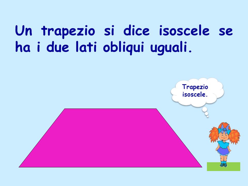 Un trapezio si dice isoscele se ha i due lati obliqui uguali. Trapezio isoscele.