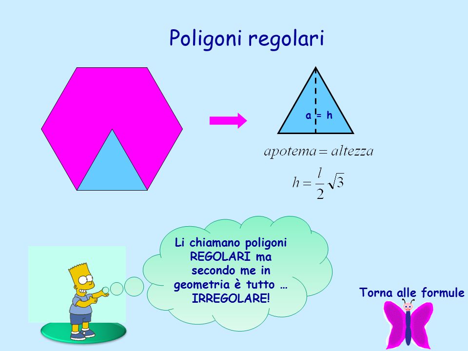 a = h Poligoni regolari Torna alle formule Li chiamano poligoni REGOLARI ma secondo me in geometria è tutto … IRREGOLARE!