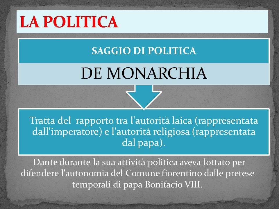 Dante durante la sua attività politica aveva lottato per difendere l autonomia del Comune fiorentino dalle pretese temporali di papa Bonifacio VIII.
